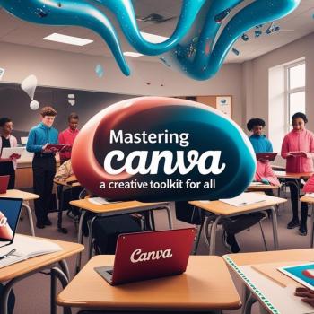 Illustrated classroom scene featuring diverse students using laptops and tablets displaying the Canva interface. A large, vibrant graphic overlay reads "Mastering Canva: a creative toolkit for all," surrounded by floating abstract shapes and icons.